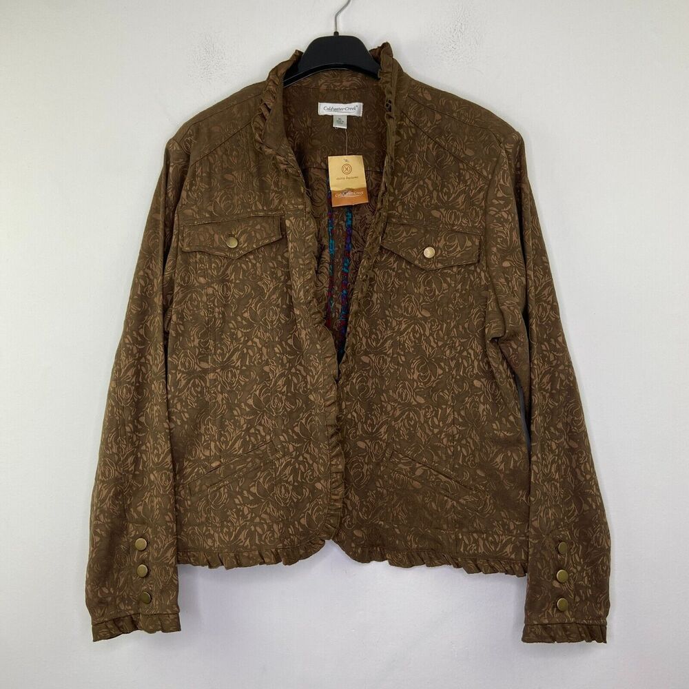 Coldwater Creek Women's XL Blazer Brown Military Floral Jaquard Ruffle Trim NWT